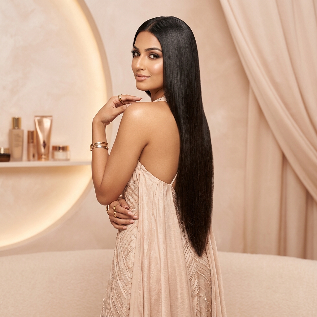 Model showing sleek straight black hair extensions