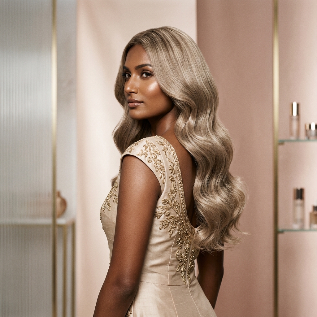 Model showing ash blonde wavy hair extensions