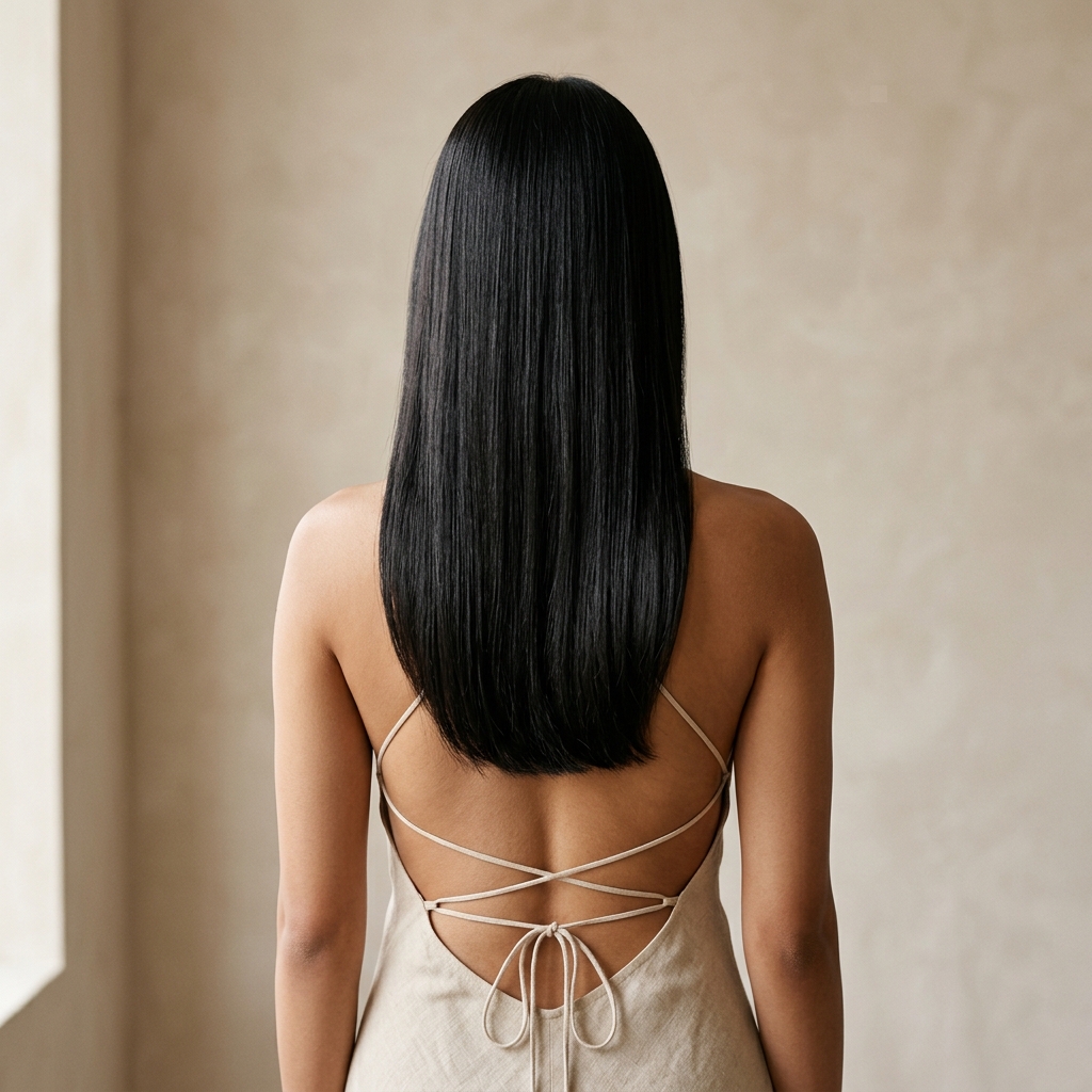 Indian model showing 20 inches hair extension length on mid-back