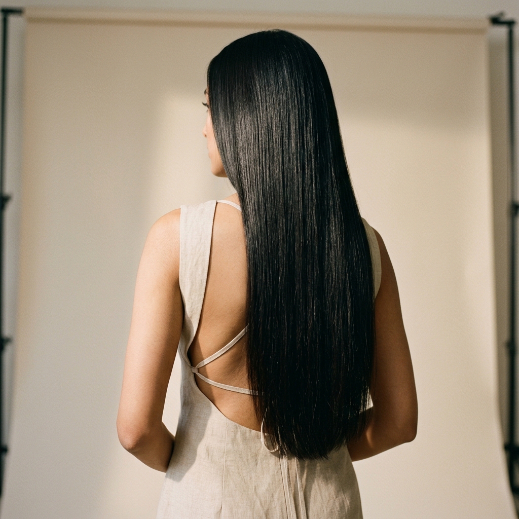 Indian model showing 24 inches hair extension length on lower-back