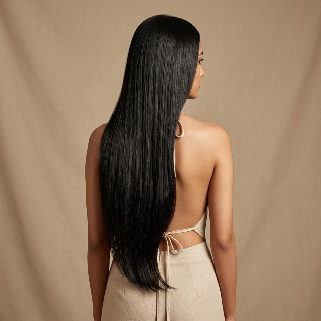 Indian model showing 28 inches hair extension length on hips and tailbone